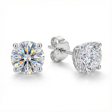 Moissanite Stud Earrings with Push Back in Platinum Overlay Sterling Silver