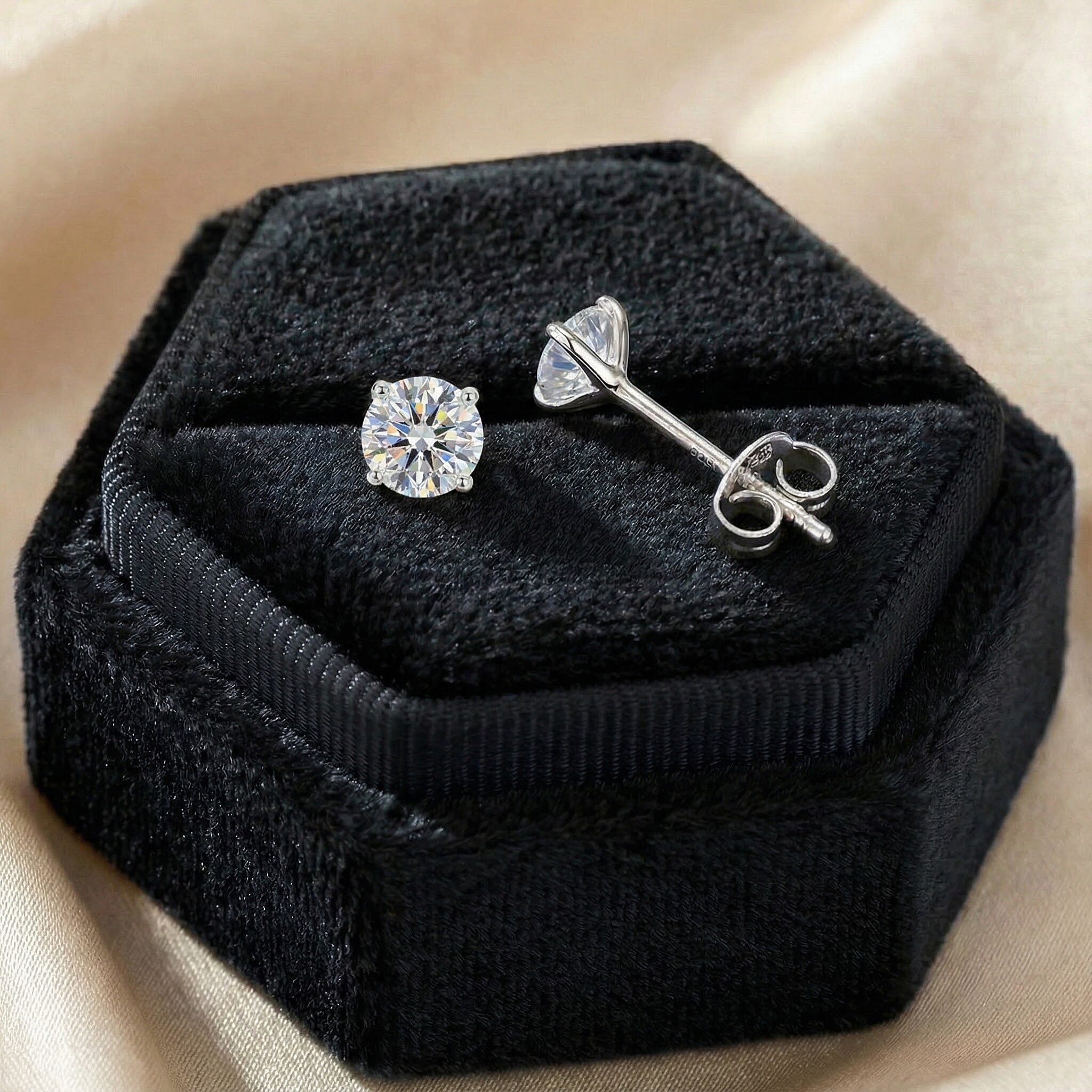Moissanite Stud Earrings with Push Back in Platinum Overlay Sterling Silver