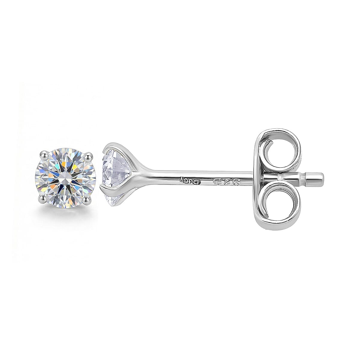 Moissanite Stud Earrings with Push Back in Platinum Overlay Sterling Silver