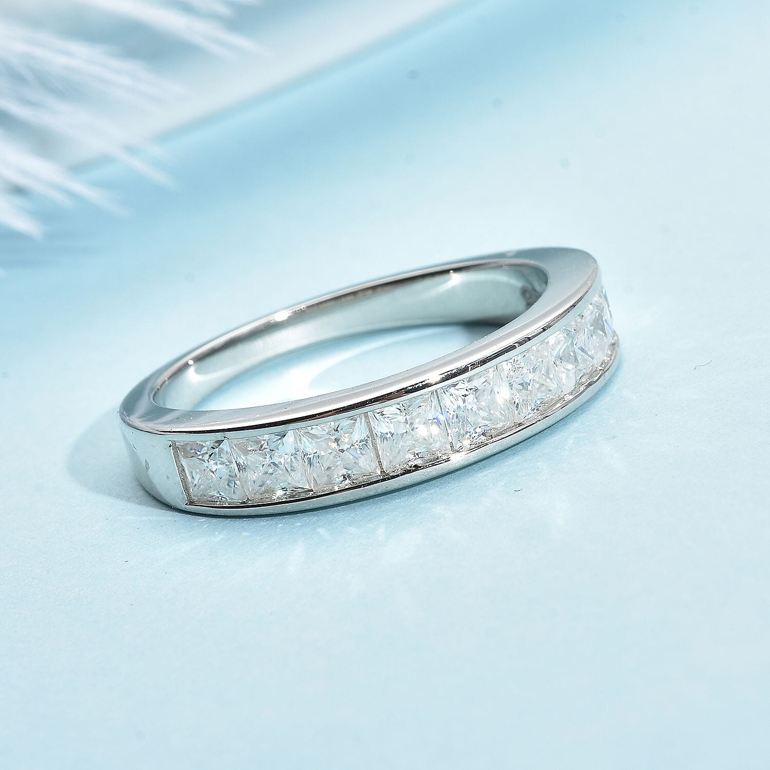 Moissanite Band Ring in Rhodium Overlay Sterling Silver