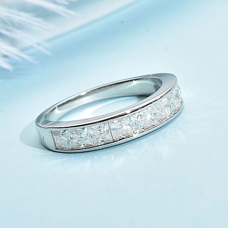 Moissanite Band Ring in Rhodium Overlay Sterling Silver