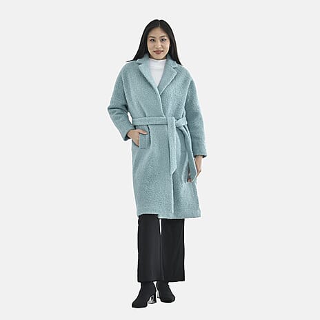 Tamsy Boucle Tie Belted Coat with 2 Side Pockets (Size S) - Aqua Blue