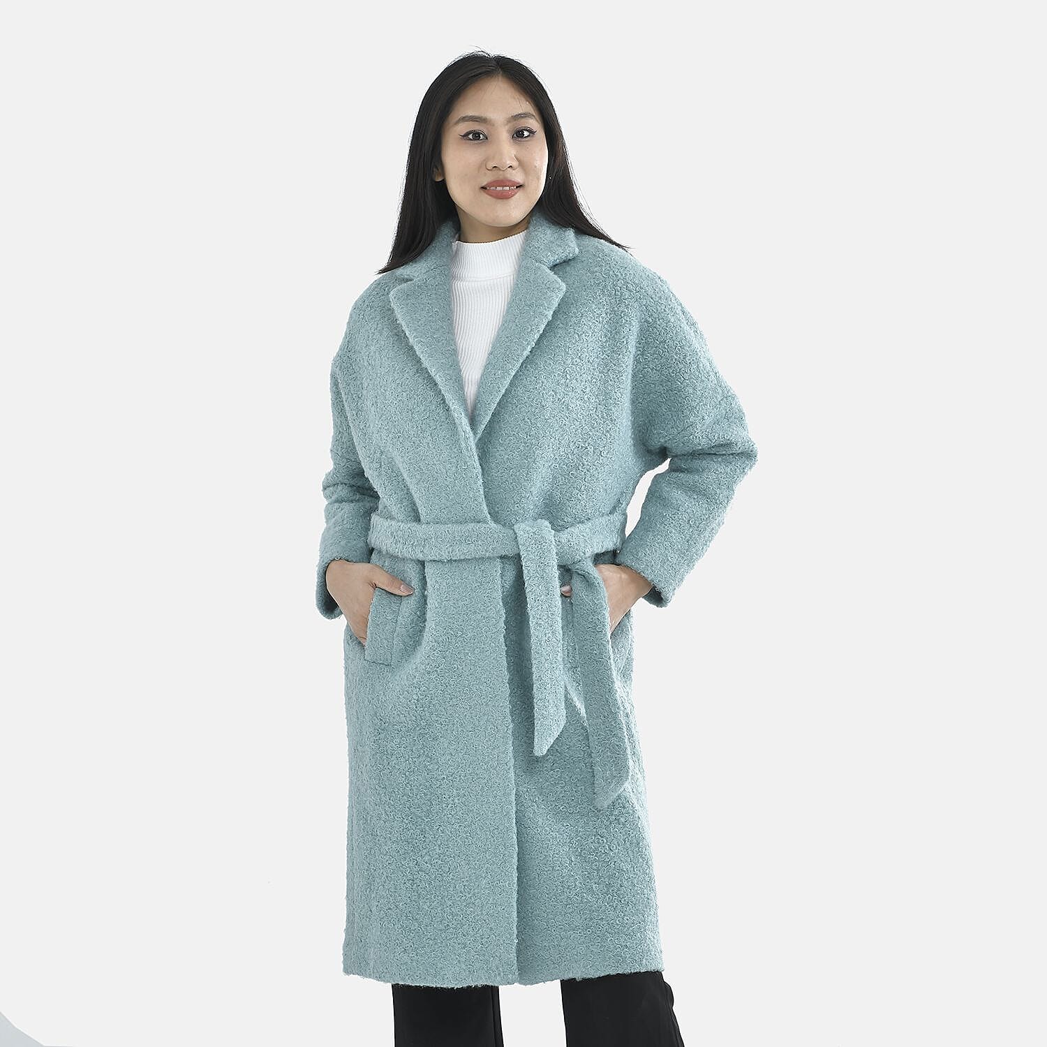 Tamsy Boucle Tie Belted Coat with 2 Side Pockets (Size S) - Aqua Blue