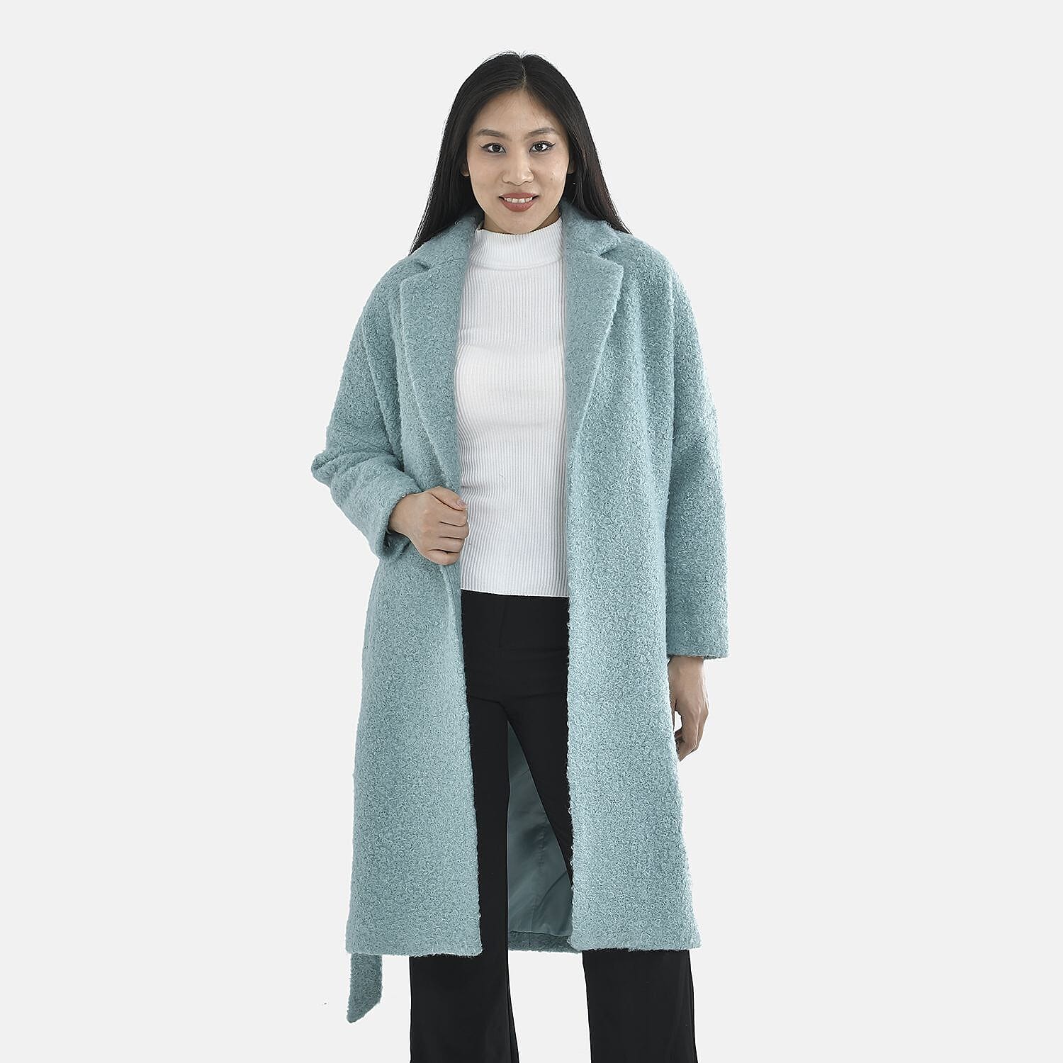 Tamsy Boucle Tie Belted Coat with 2 Side Pockets (Size S) - Aqua Blue
