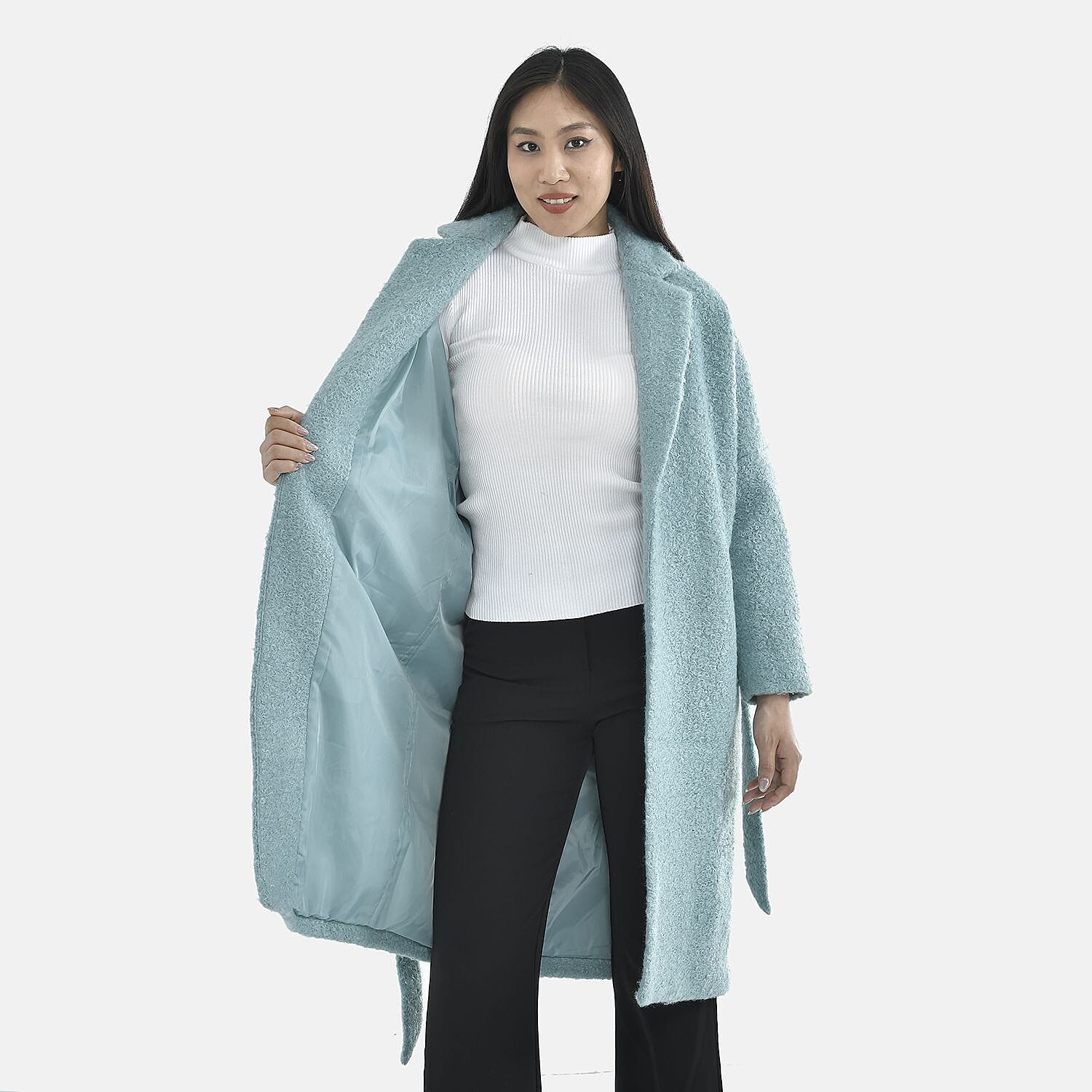 Tamsy Boucle Tie Belted Coat with 2 Side Pockets (Size S) - Aqua Blue