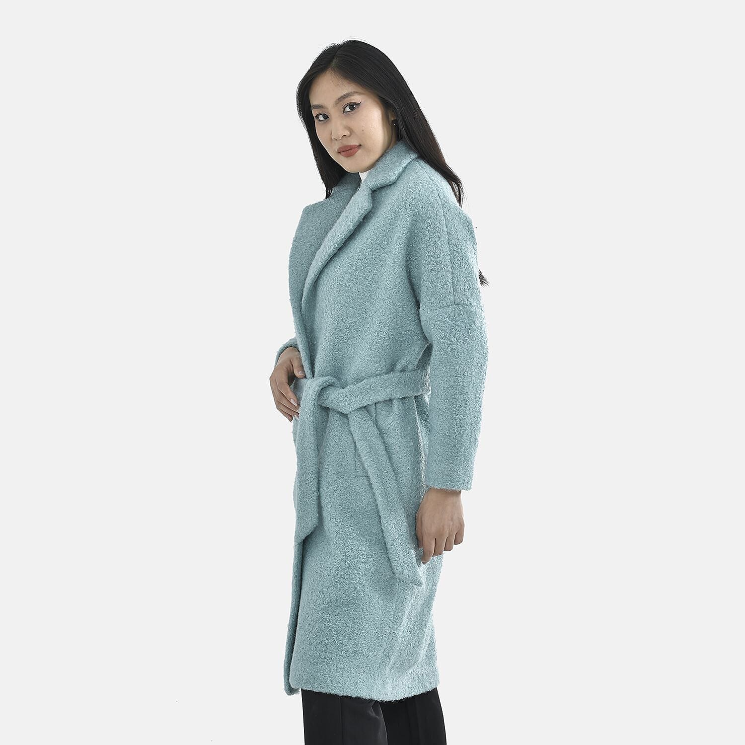 Tamsy Boucle Tie Belted Coat with 2 Side Pockets (Size M)  - Aqua Blue