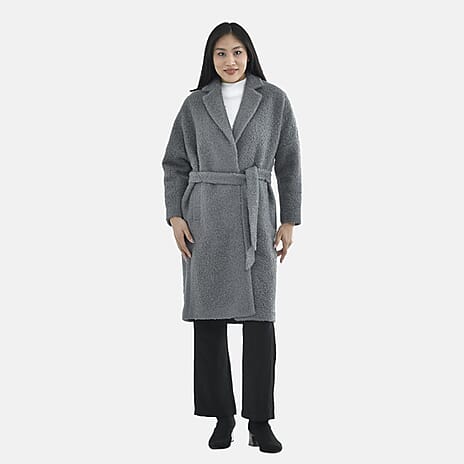 Tamsy Boucle Tie Belted Coat with 2 Side Pockets (Size M)  - Grey
