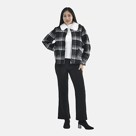 Tamsy Plaid Pattern Coat with Faux Fur Collar (Size S) - Black and White