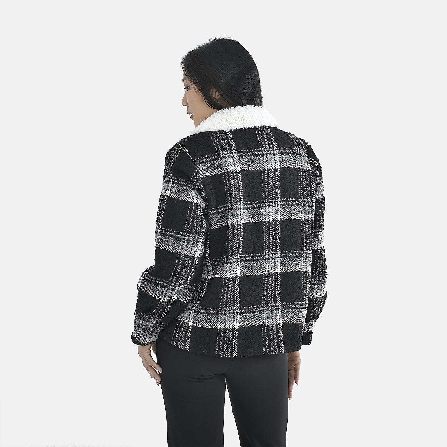 Tamsy Plaid Pattern Coat with Faux Fur Collar (Size S) - Black and White