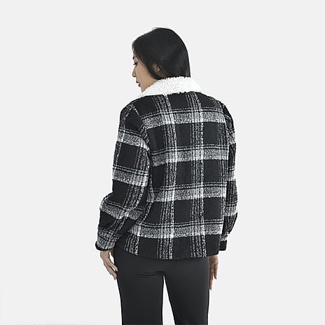 Tamsy Plaid Pattern Coat with Faux Fur Collar (Size S) - Black and White