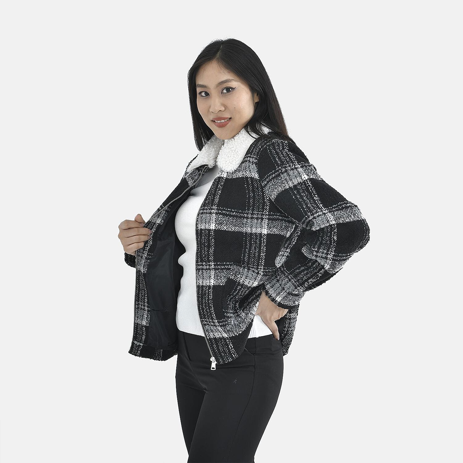 Tamsy Plaid Pattern Coat with Faux Fur Collar (Size S) - Black and White