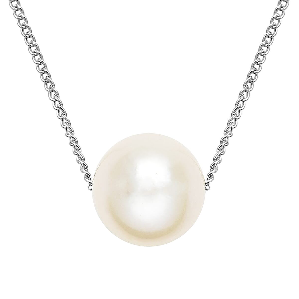 White Edison Pearl Necklace (Size - 18) in Rhodium Overlay Sterling Silver 9.0 Ct