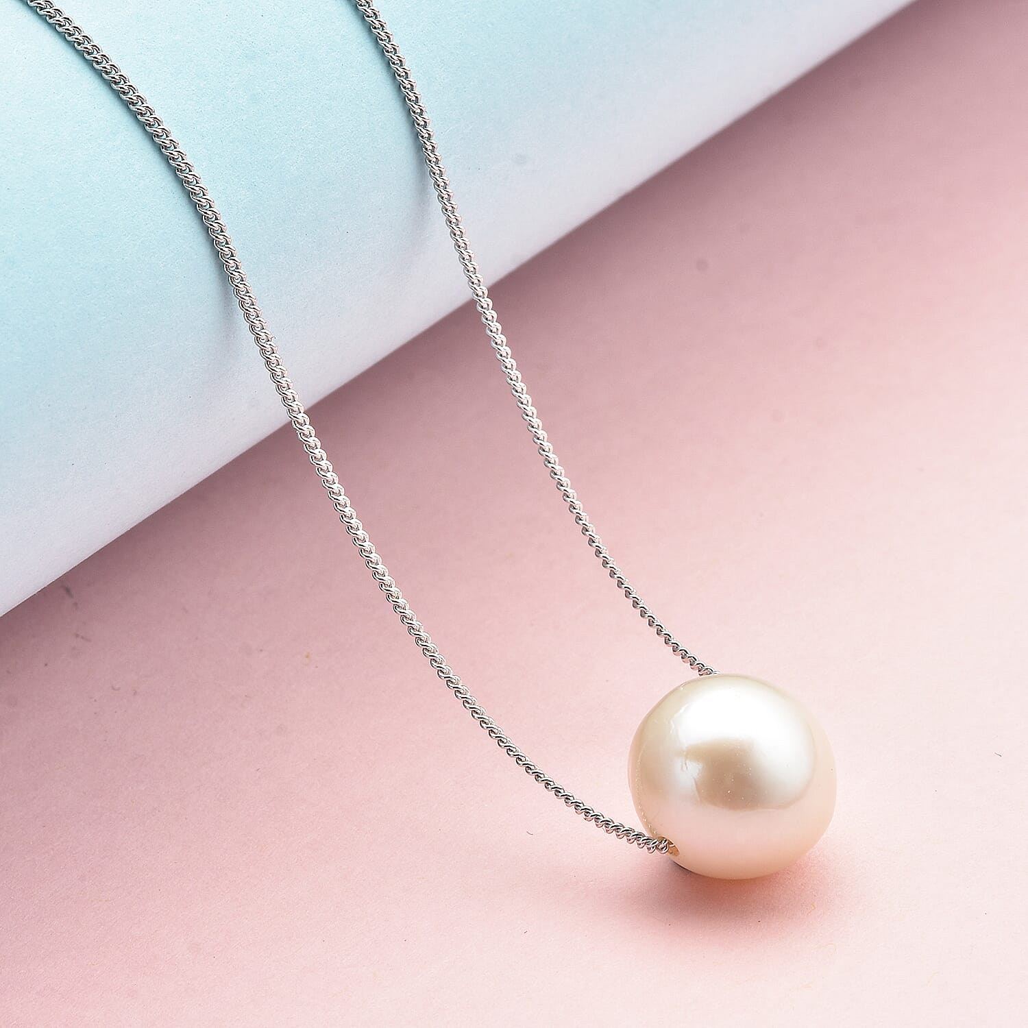 White Edison Pearl Necklace (Size - 18) in Rhodium Overlay Sterling Silver 9.0 Ct