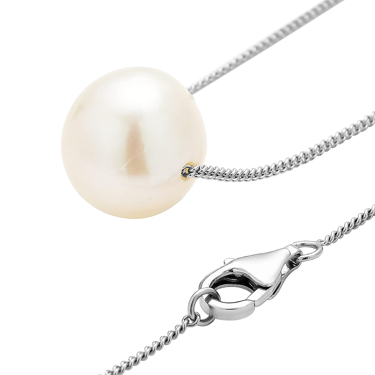 White Edison Pearl Necklace (Size - 18) in Rhodium Overlay Sterling Silver 9.0 Ct
