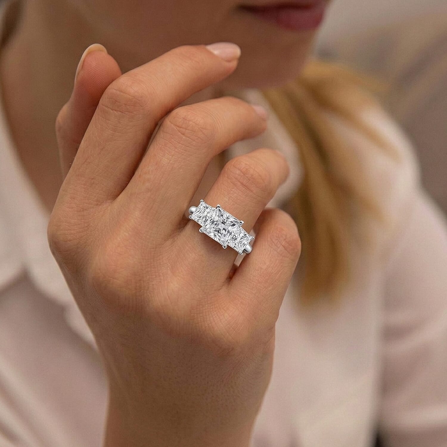 Moissanite Trilogy Ring in Rhodium Overlay Sterling Silver 2.00 Ct.