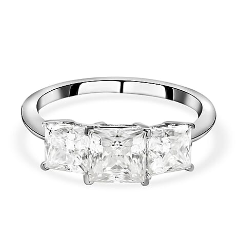 Moissanite Trilogy Ring in Rhodium Overlay Sterling Silver 2.00 Ct.