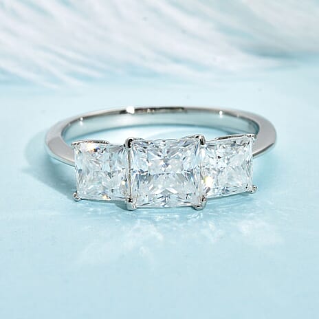 Moissanite Trilogy Ring in Rhodium Overlay Sterling Silver 2.00 Ct.