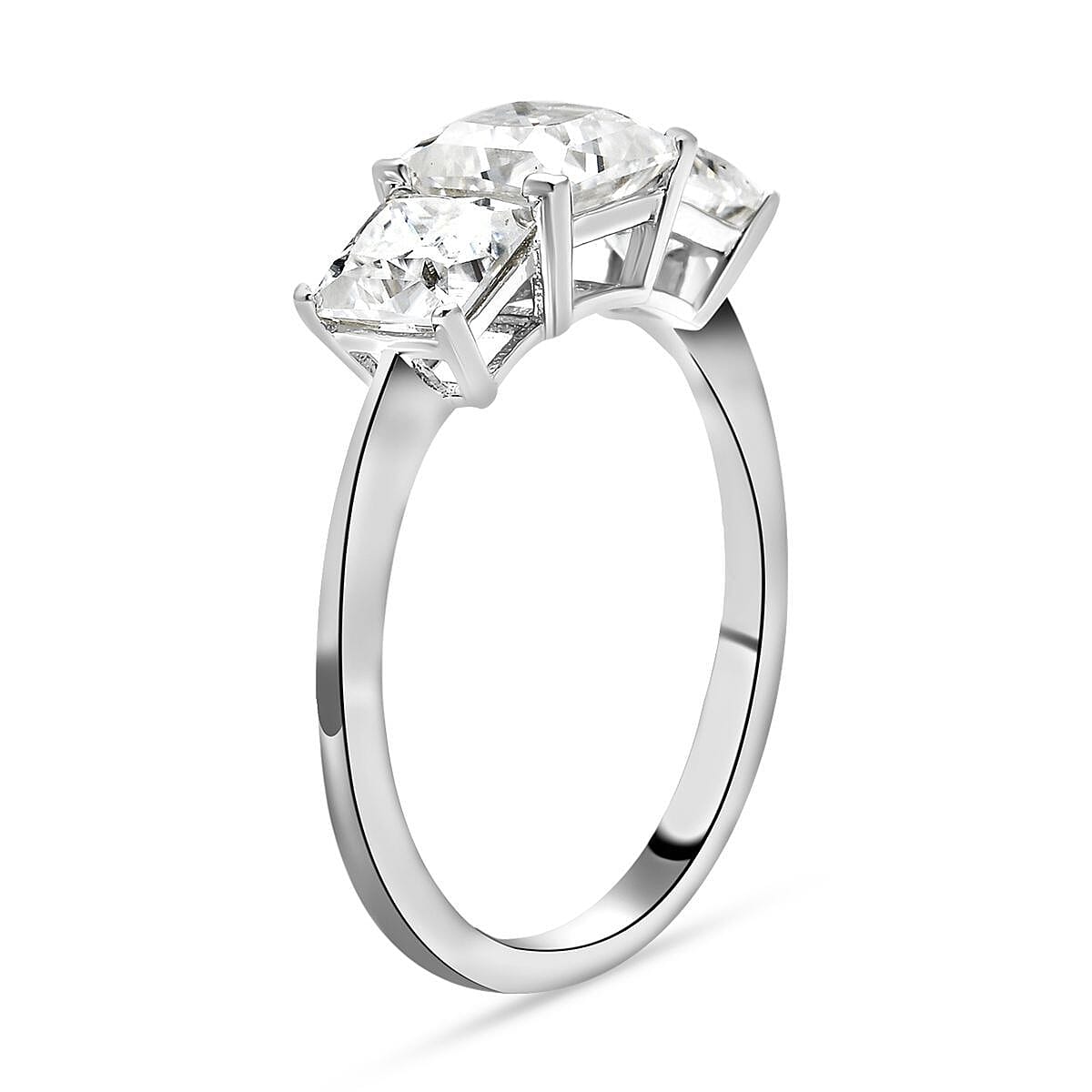 Moissanite Trilogy Ring in Rhodium Overlay Sterling Silver 2.00 Ct. Moissanite Trilogy Ring in Rhodium Overlay Sterling Silver 2.00 Ct.