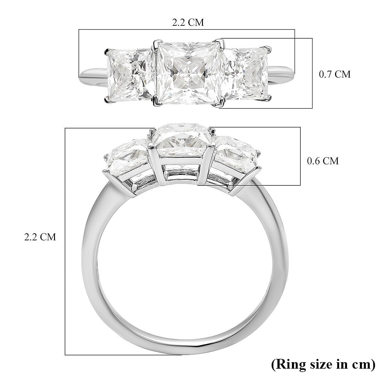 Moissanite Trilogy Ring in Rhodium Overlay Sterling Silver 2.00 Ct. Moissanite Trilogy Ring in Rhodium Overlay Sterling Silver 2.00 Ct.