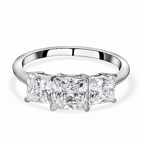Moissanite Trilogy Ring in Rhodium Overlay Sterling Silver 2.00 Ct.