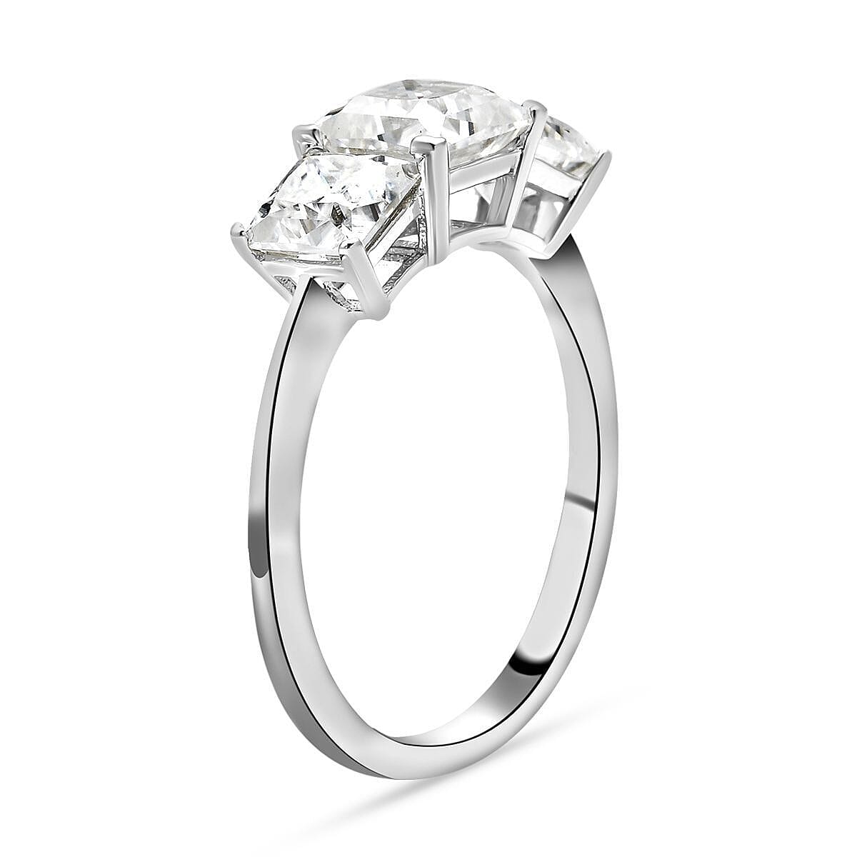 Moissanite Trilogy Ring in Rhodium Overlay Sterling Silver 2.00 Ct.