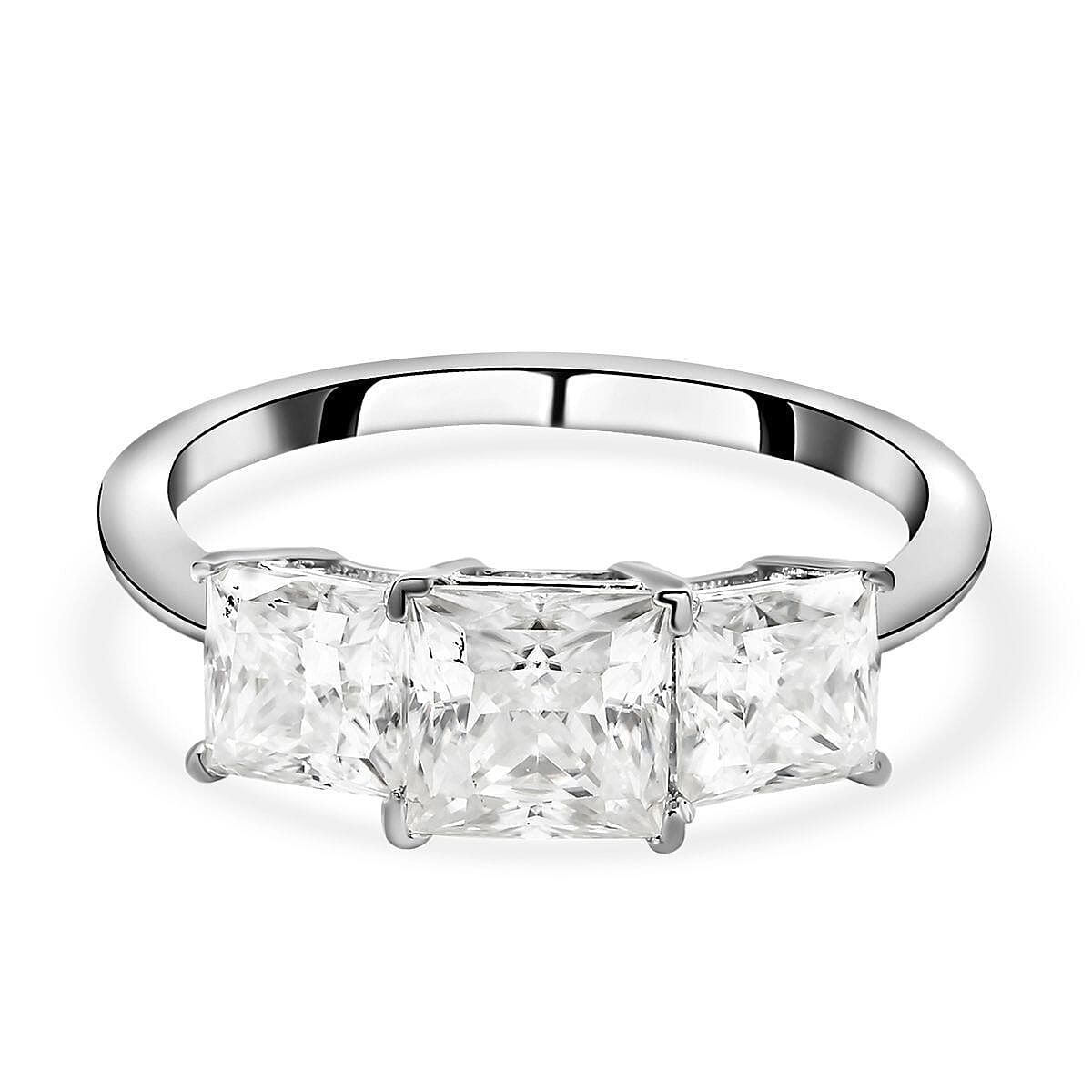 Moissanite Trilogy Ring in Rhodium Overlay Sterling Silver 2.00 Ct.