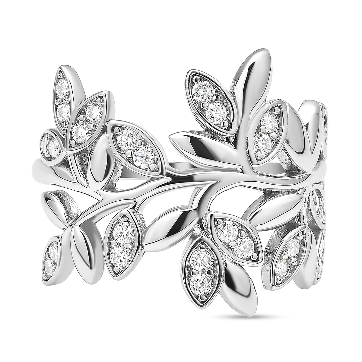 Moissanite Leaf Vine Ring in Rhodium Overlay Sterling Silver