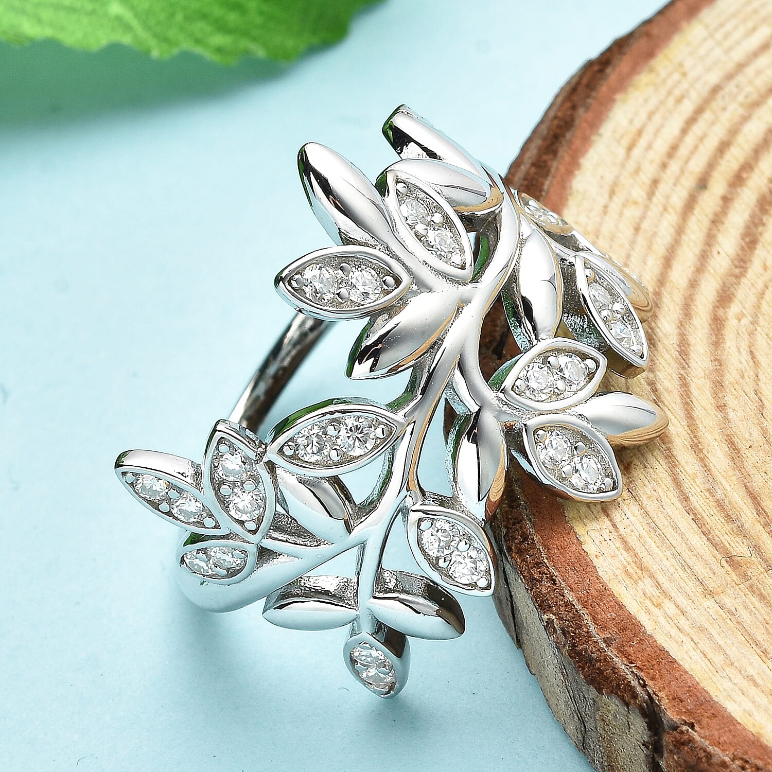 Moissanite Leaf Vine Ring in Rhodium Overlay Sterling Silver