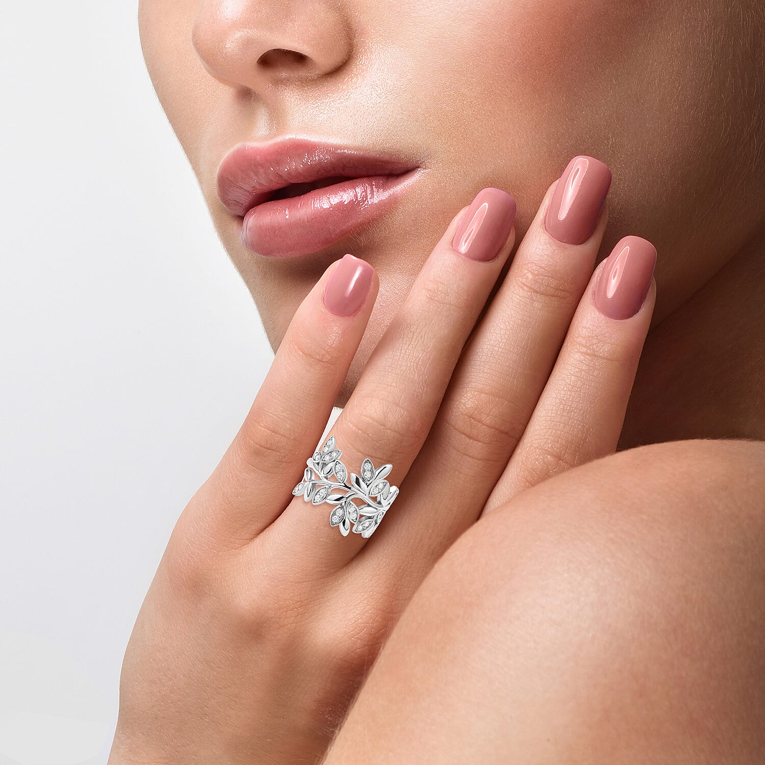 Moissanite Leaf Vine Ring in Rhodium Overlay Sterling Silver