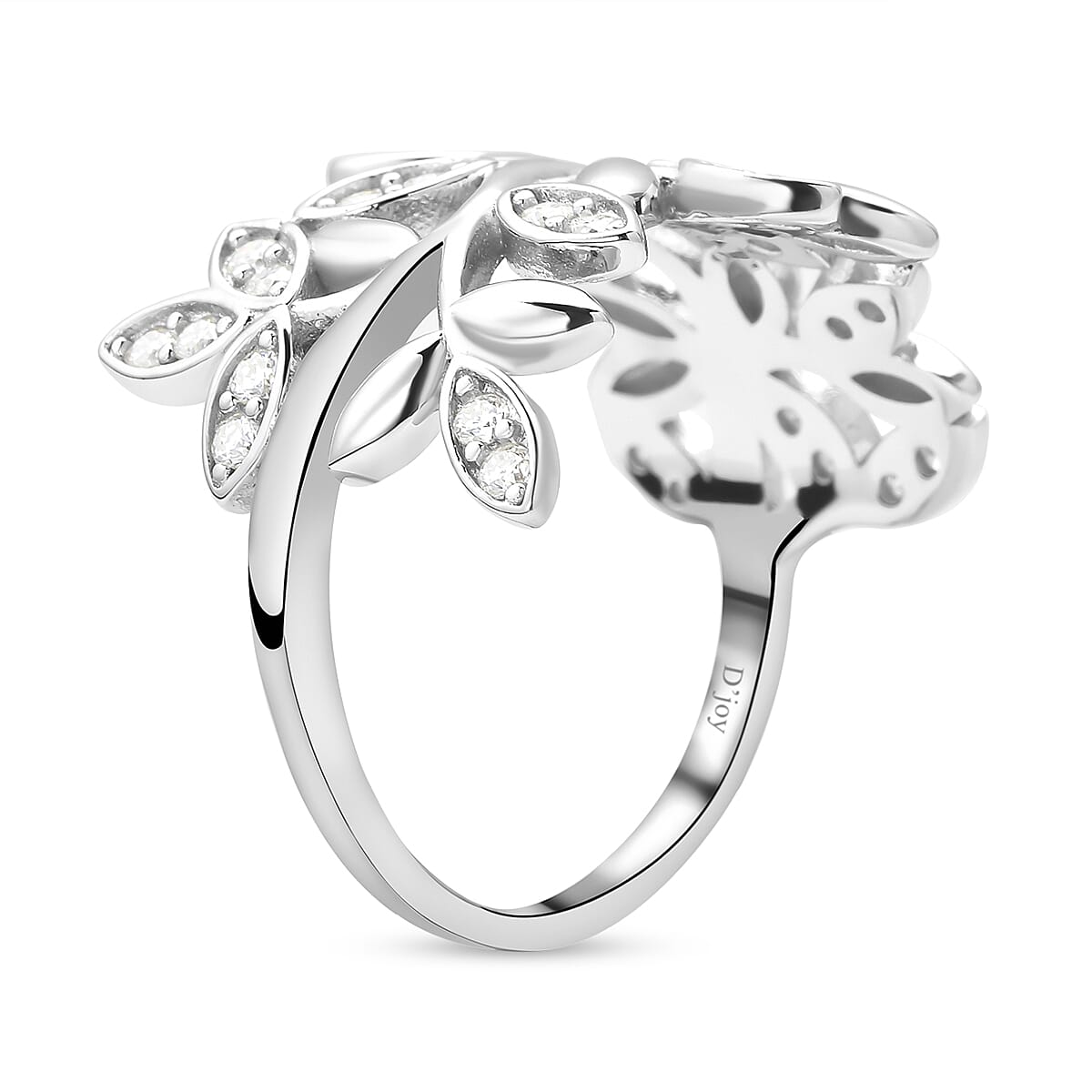 Moissanite Leaf Vine Ring in Rhodium Overlay Sterling Silver