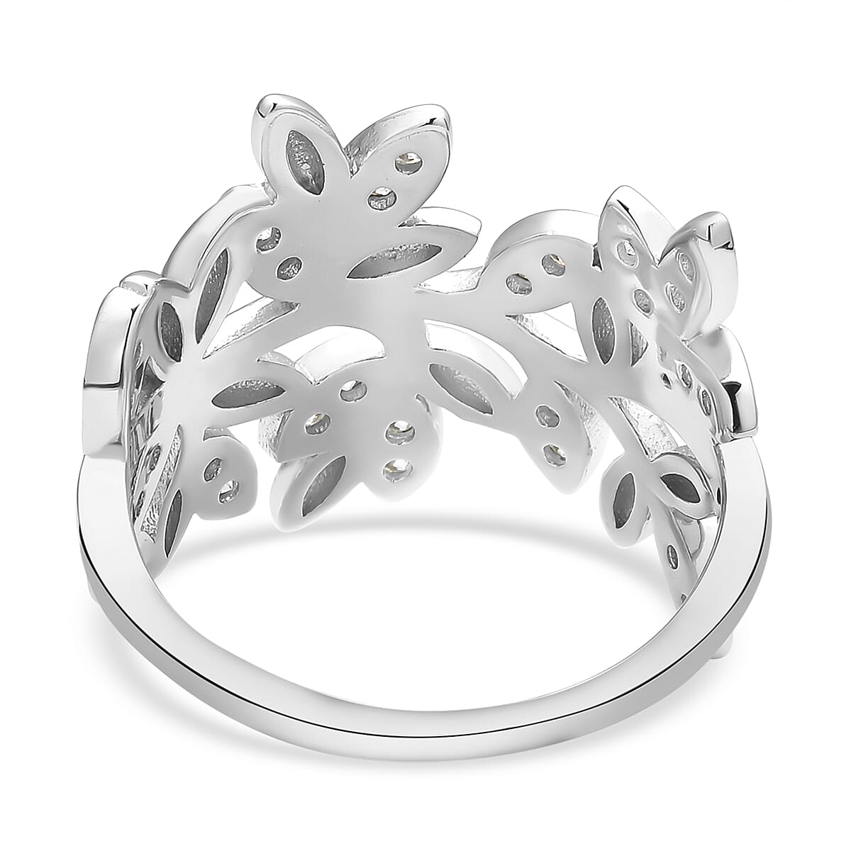 Moissanite Leaf Vine Ring in Rhodium Overlay Sterling Silver