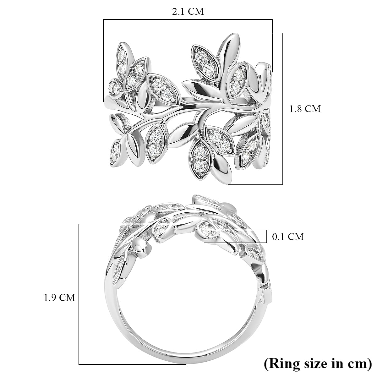 Moissanite Leaf Vine Ring in Rhodium Overlay Sterling Silver