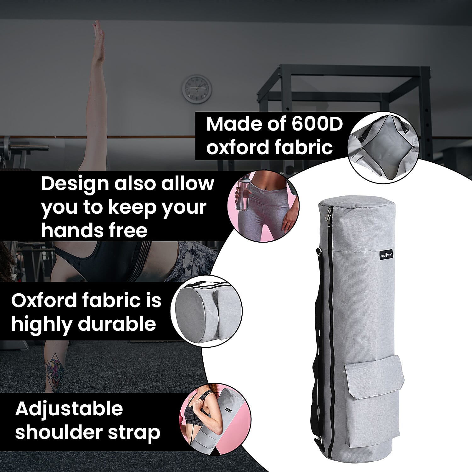 Soul Smart Solid Yoga Bag With Shoulder Strap (Size 70x20 cm) - Light Grey