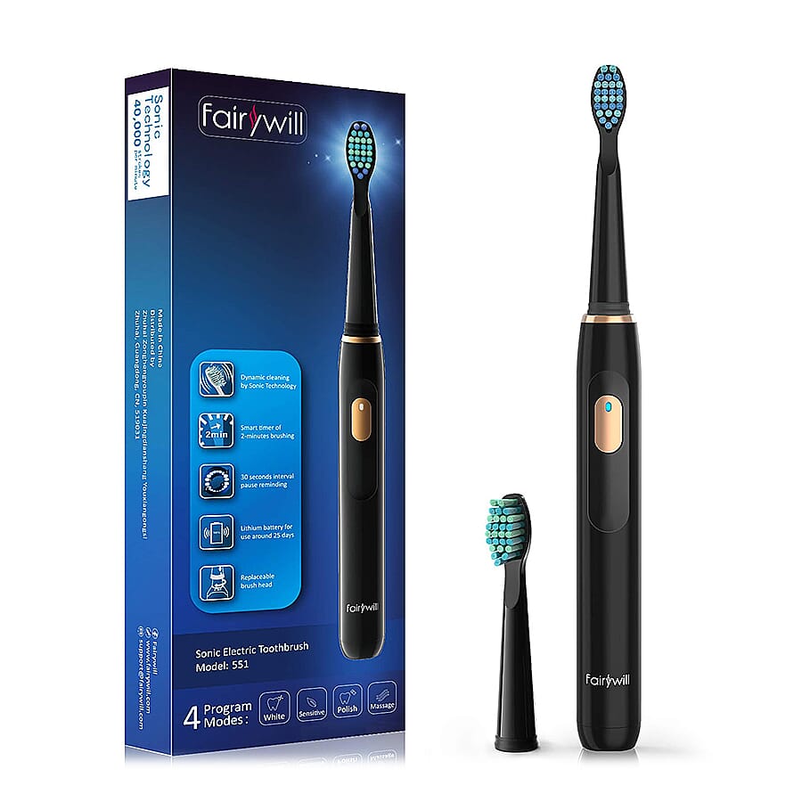 FairyWill: Sonic Toothbrush with 4 Modes, Smart-Timer, Includes 2 Replacement Heads