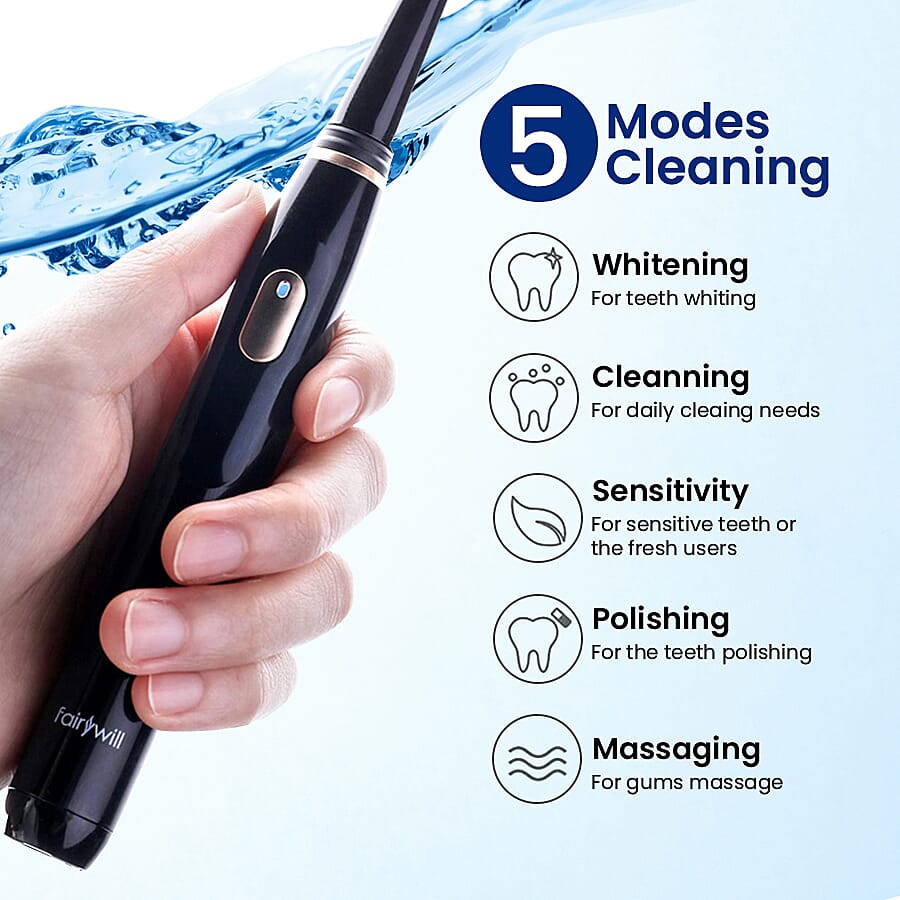 FairyWill: Sonic Toothbrush with 4 Modes, Smart-Timer, Includes 2 Replacement Heads