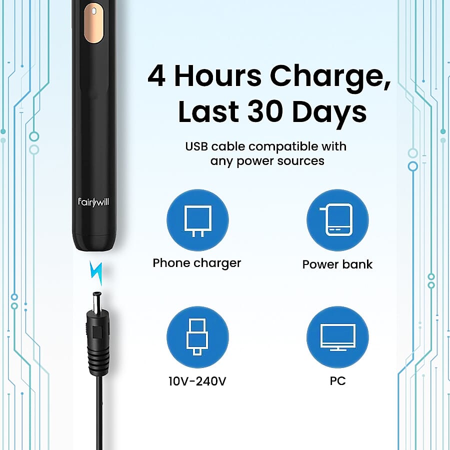 FairyWill: Sonic Toothbrush with 4 Modes, Smart-Timer, Includes 2 Replacement Heads