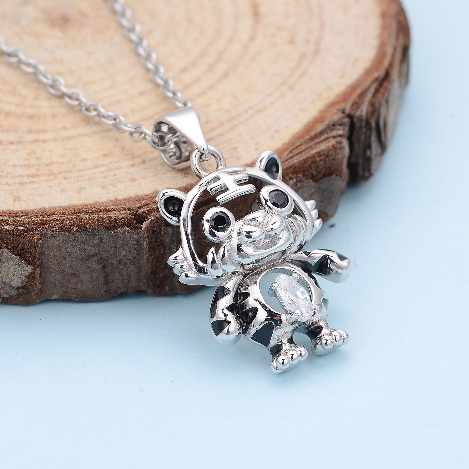 ELANZA Simulated Diamond and Black Spinel Baby Tiger Pendant with Chain (Size 20) in Sterling Silver