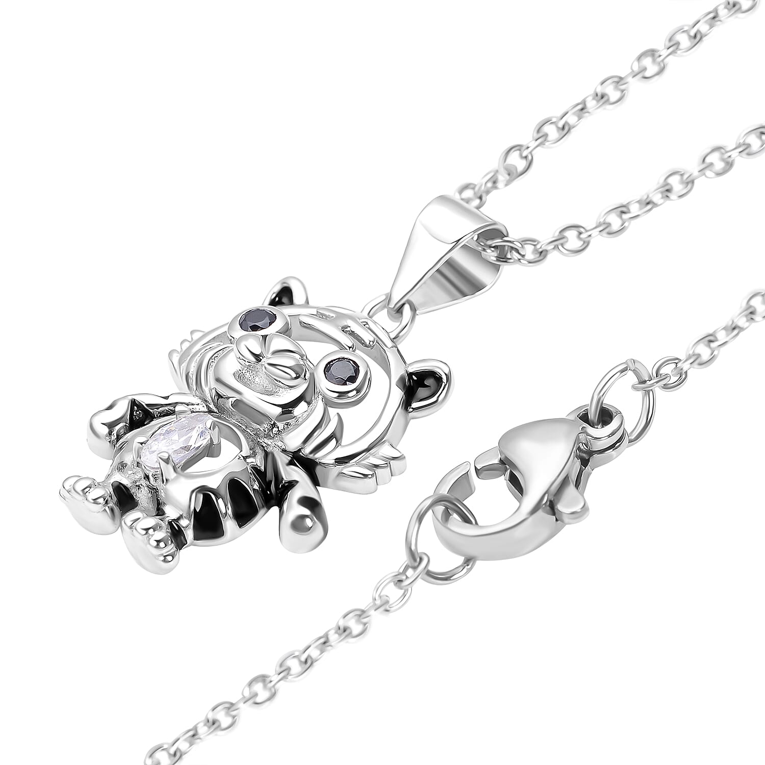 ELANZA Simulated Diamond and Black Spinel Baby Tiger Pendant with Chain (Size 20) in Sterling Silver
