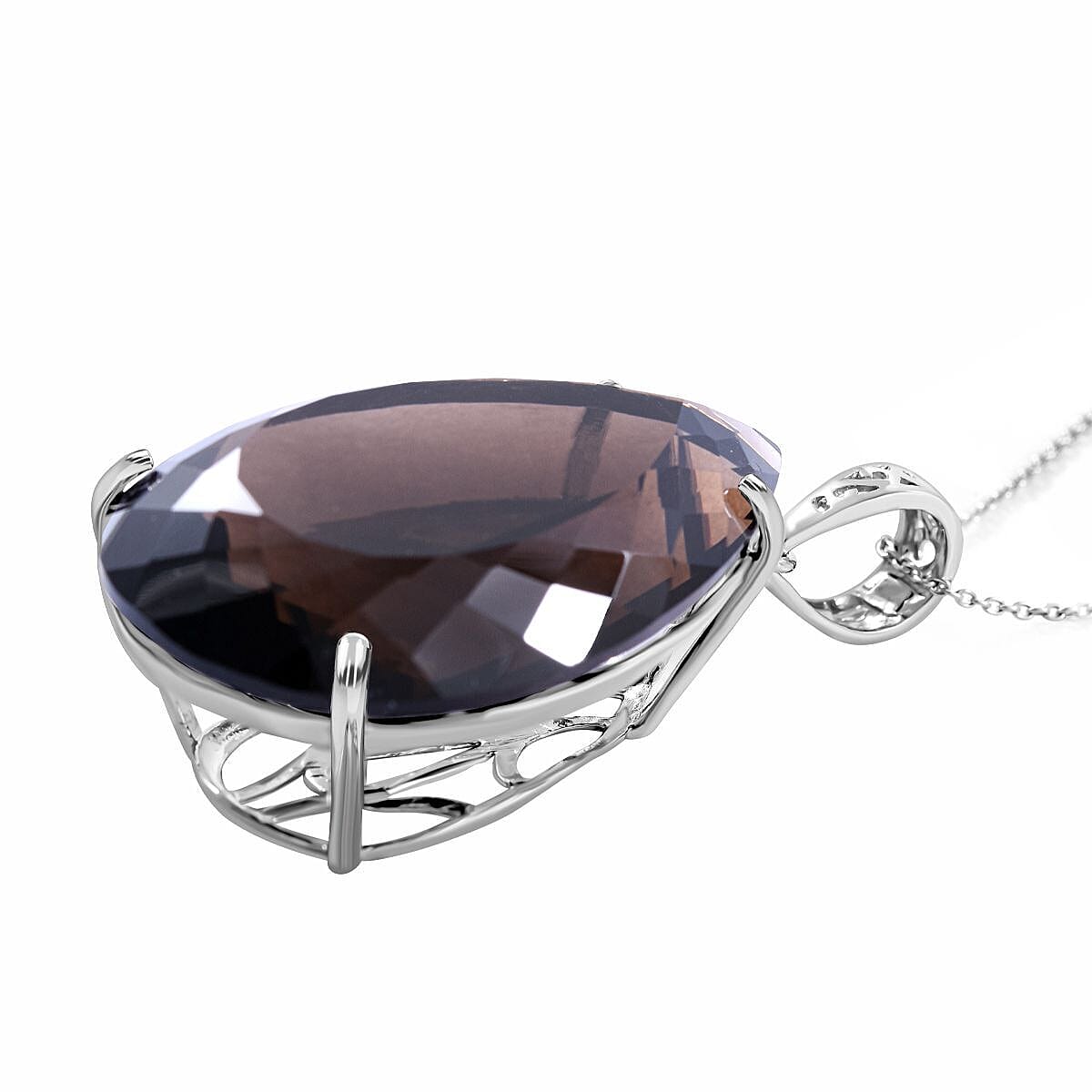 Brazilian Smoky Quartz Necklace in Rhodium Overlay Sterling Silver 100 Ct