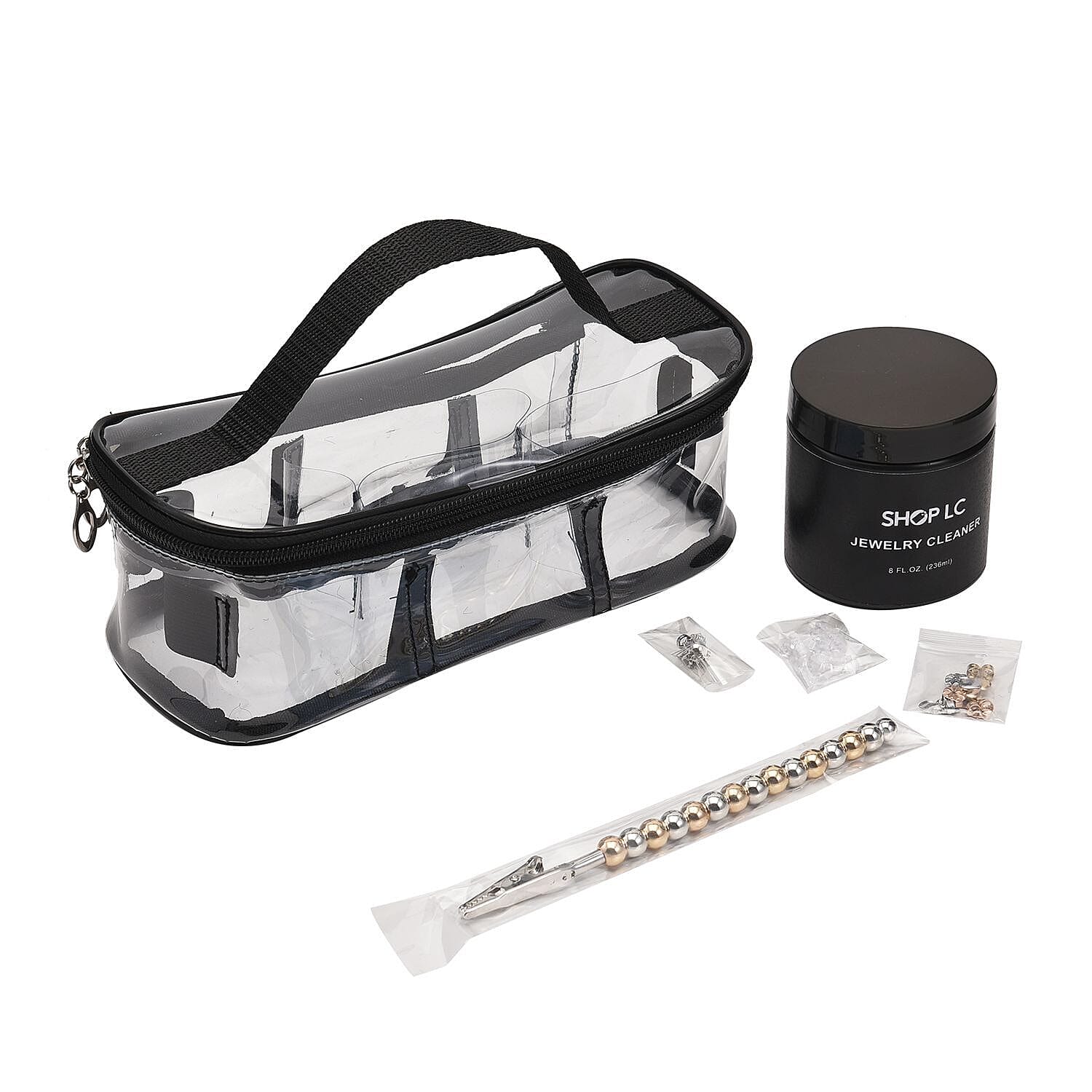 Jewellery Essentials 26pc Kit - Bracelet Clip, 5 Cleaning Cloths, 30 X Push Backs, 6 X Big Push Backs, Magnetic Extender and Natural Jewellery Cleaning Liquid