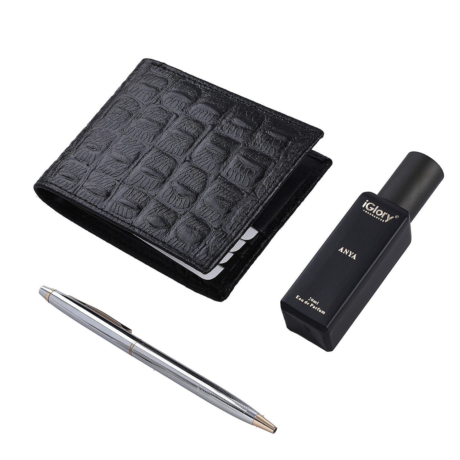 Biggest CyberMonday - 3 Piece Set - Croc Embossed Leather Wallet with RFID Protection Mens Wallet, Ball Pen and Anya Perfume (20 ml) - Black & Silver