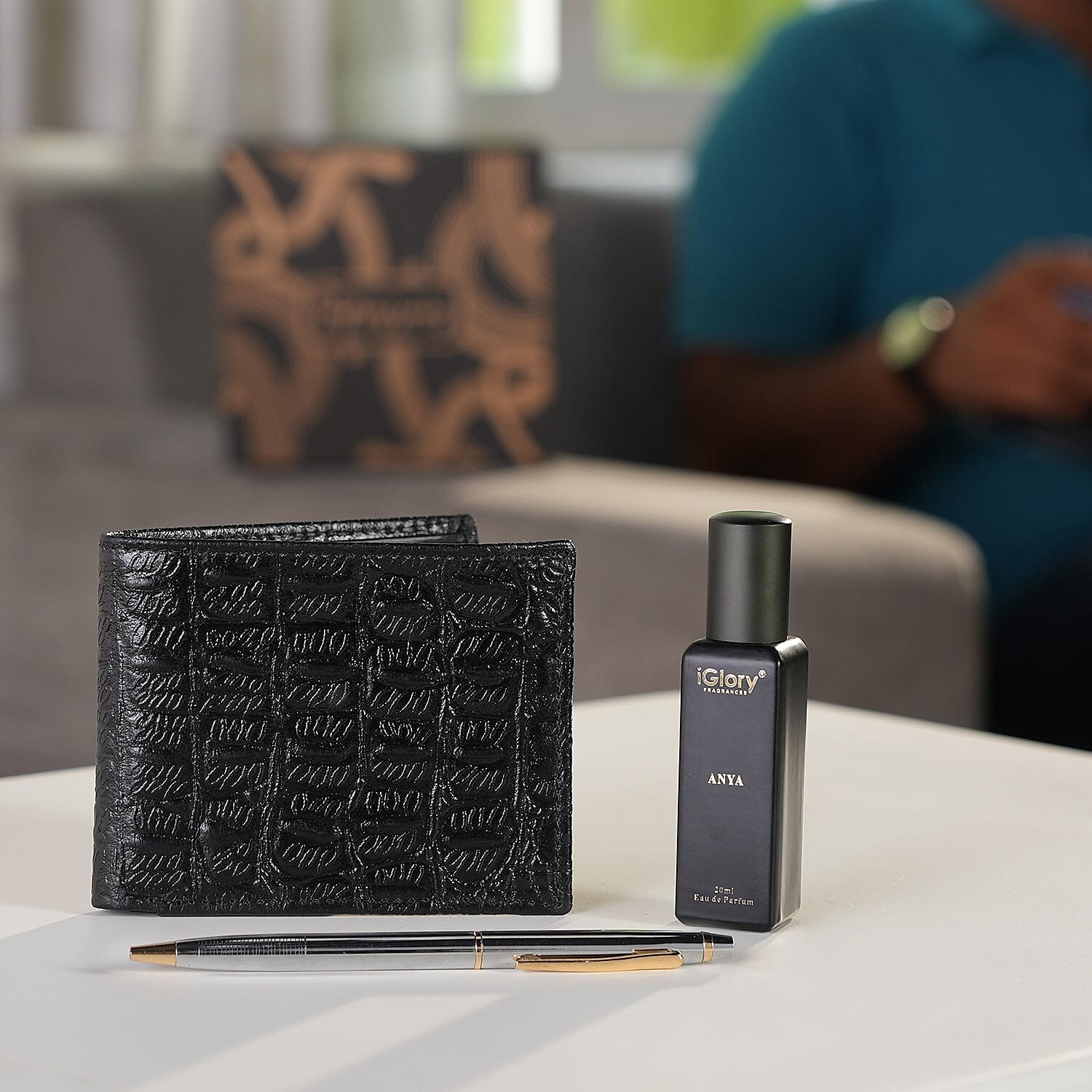 Biggest CyberMonday - 3 Piece Set - Croc Embossed Leather Wallet with RFID Protection Mens Wallet, Ball Pen and Anya Perfume (20 ml) - Black & Silver