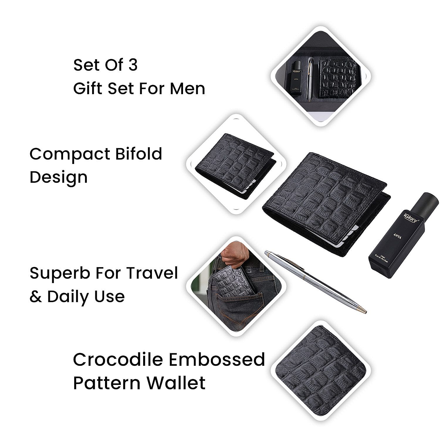 Biggest CyberMonday - 3 Piece Set - Croc Embossed Leather Wallet with RFID Protection Mens Wallet, Ball Pen and Anya Perfume (20 ml) - Black & Silver