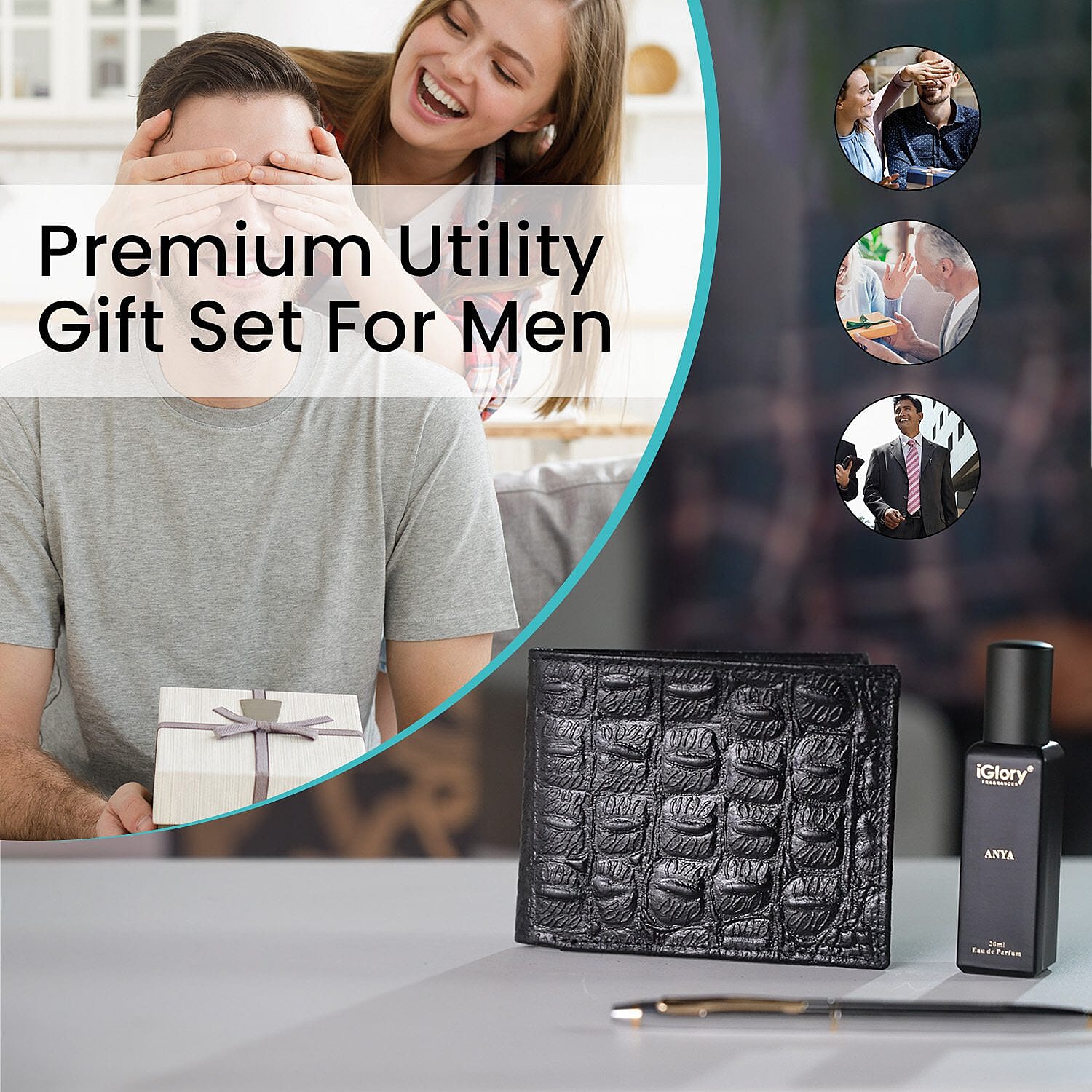 Biggest CyberMonday - 3 Piece Set - Croc Embossed Leather Wallet with RFID Protection Mens Wallet, Ball Pen and Anya Perfume (20 ml) - Black & Silver