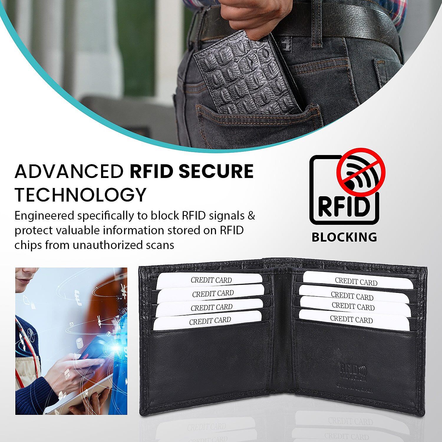 Biggest CyberMonday - 3 Piece Set - Croc Embossed Leather Wallet with RFID Protection Mens Wallet, Ball Pen and Anya Perfume (20 ml) - Black & Silver