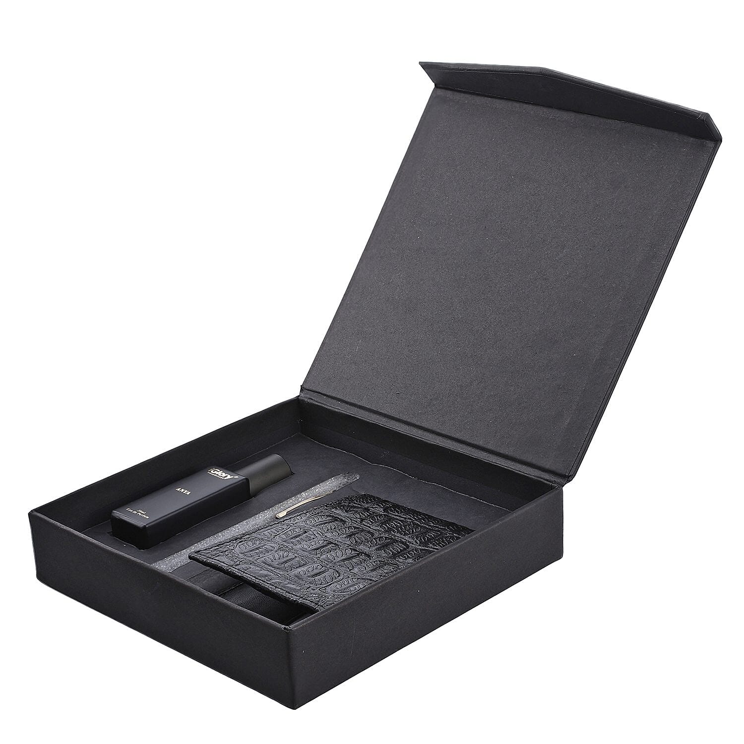 Biggest CyberMonday - 3 Piece Set - Croc Embossed Leather Wallet with RFID Protection Mens Wallet, Ball Pen and Anya Perfume (20 ml) - Black & Silver