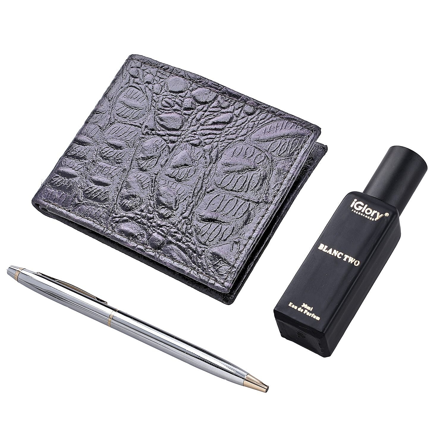 3 Piece Set - Croc Embossed Leather Wallet with RFID Protection, Ball Pen and Blanc Two Perfume (20 ml) - Brown
