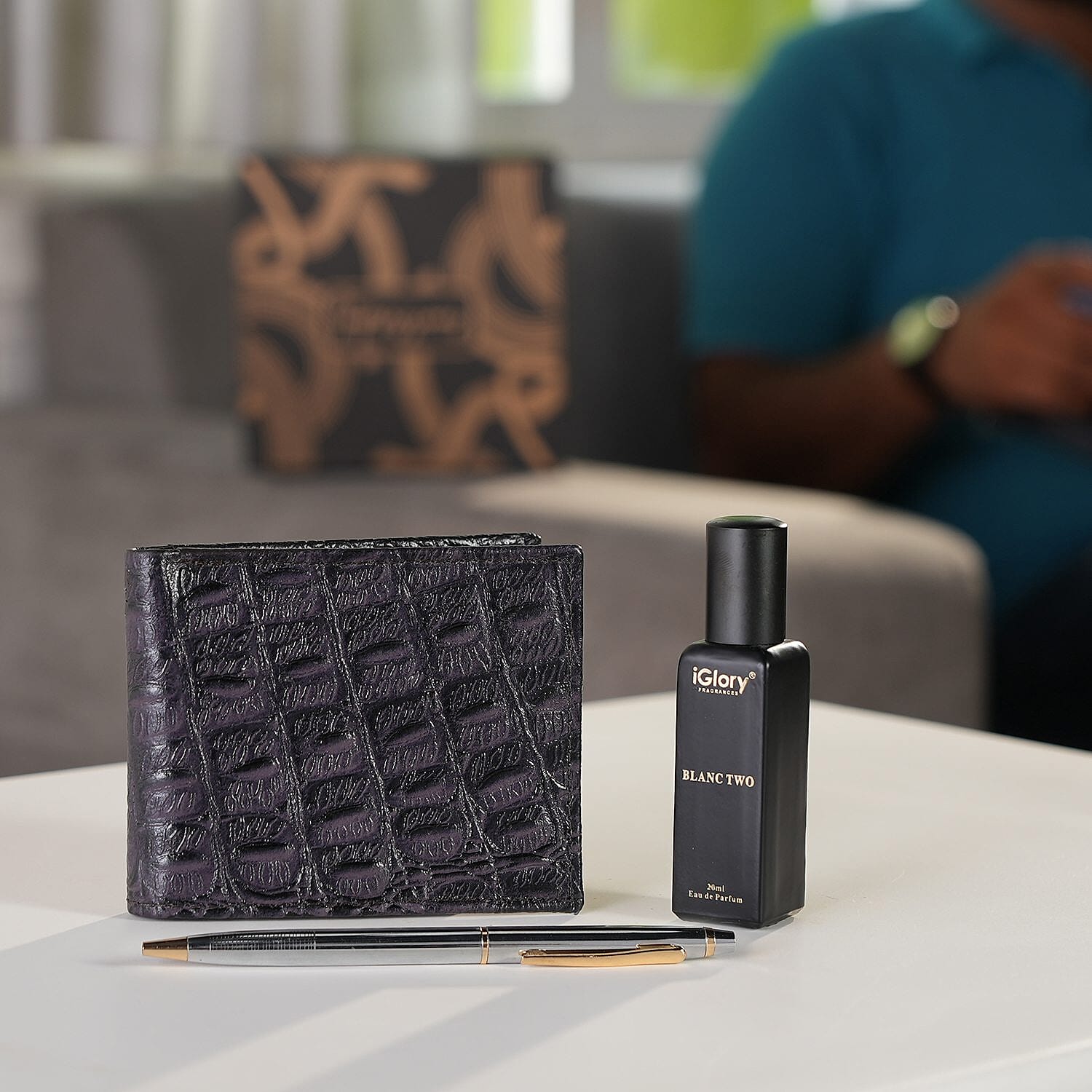 3 Piece Set - Croc Embossed Leather Wallet with RFID Protection, Ball Pen and Blanc Two Perfume (20 ml) - Brown