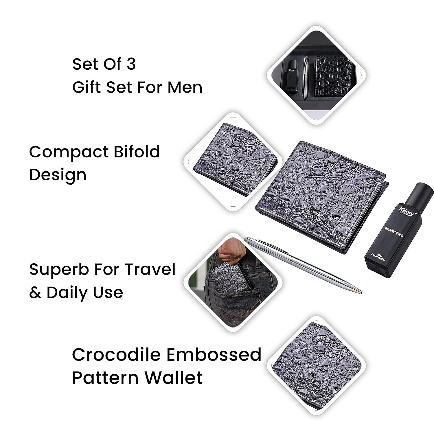 3 Piece Set - Croc Embossed Leather Wallet with RFID Protection, Ball Pen and Blanc Two Perfume (20 ml) - Brown