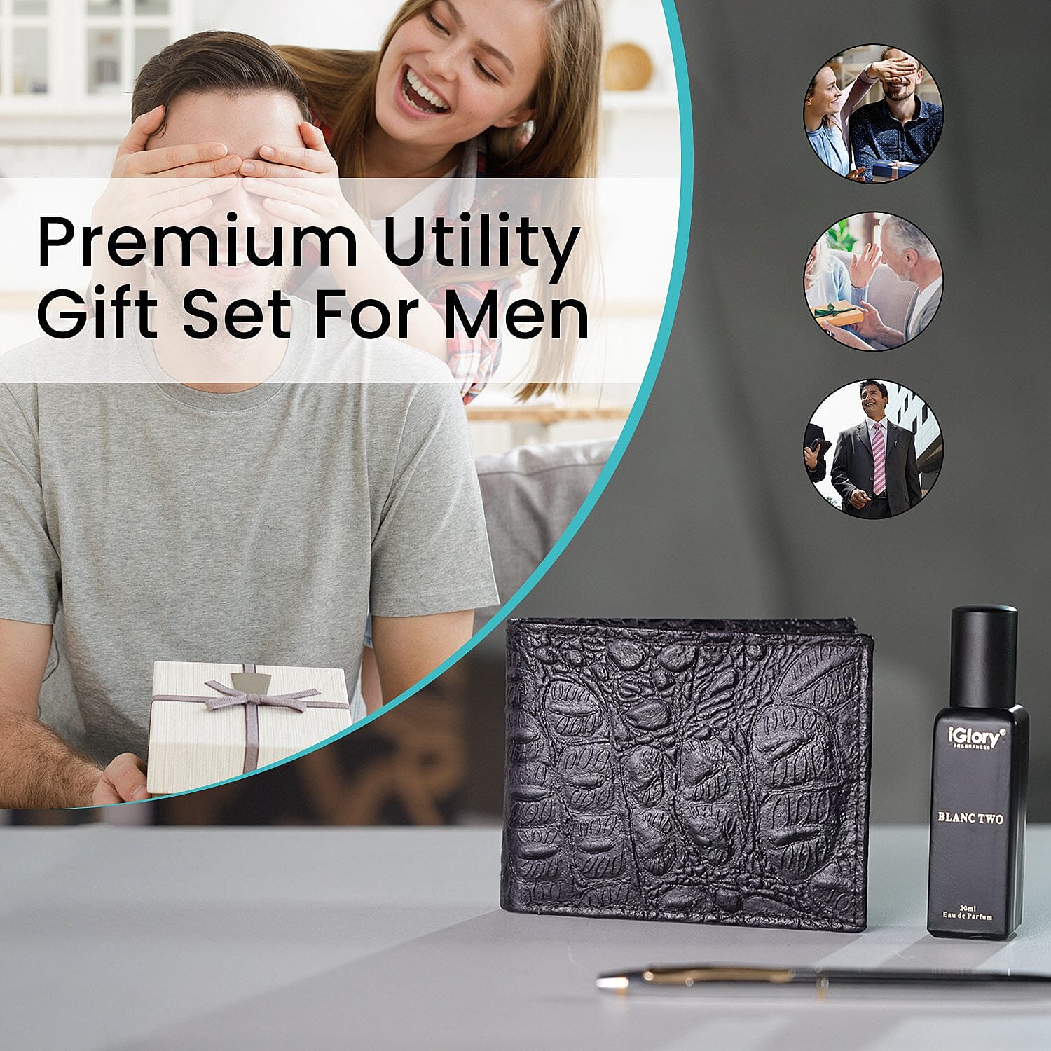 3 Piece Set - Croc Embossed Leather Wallet with RFID Protection, Ball Pen and Blanc Two Perfume (20 ml) - Brown